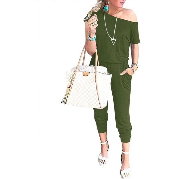 NEW Loose Off Shoulder Elastic Waist Stretchy Long Jumpsuit 2X - Picture 4 of 7